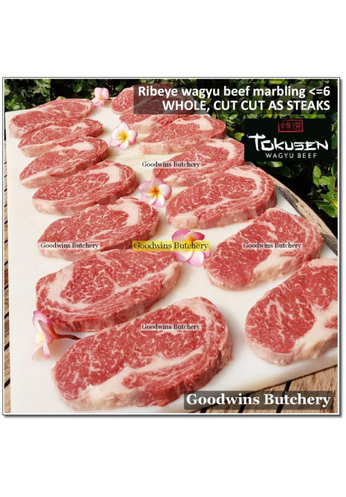 Beef Ribeye lip-on Scotch-Fillet Cube-Roll AGED BY GOODWINS 2-3 weeks WAGYU TOKUSEN marbling <=6 chilled whole cut as steaks +/- 4.5kg (price/kg) PREORDER 5-14 days notice